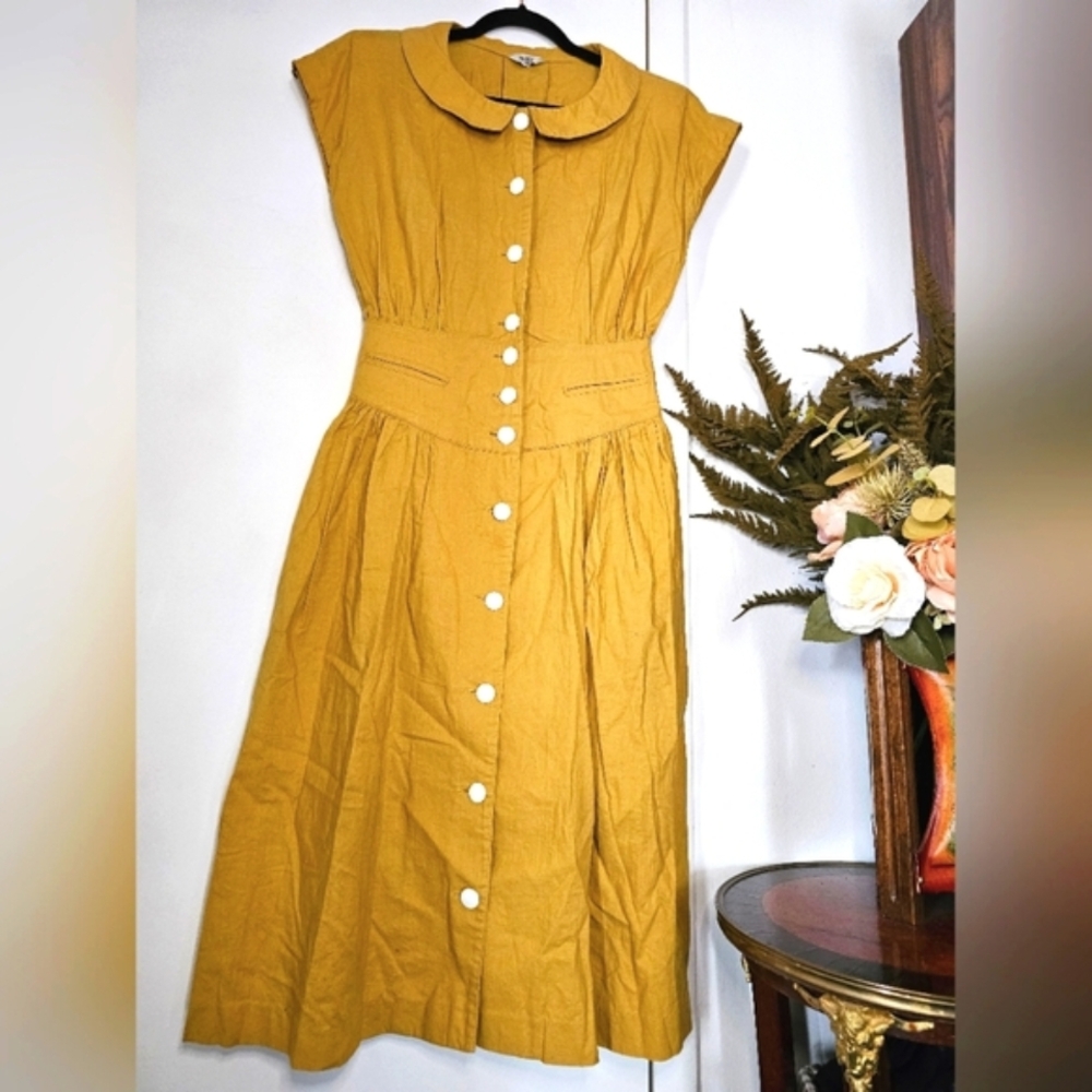 Vintage 40s 50s Style Mustard Button-Down Fit Flare A-line Dress Sundress